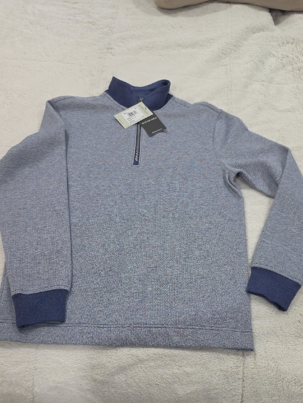 Van Heusen Light Blue Quarter-Zip Sweater with Navy Trim